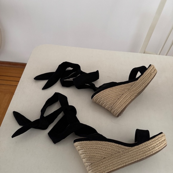 Black Espadrilles Ankle ribbon Tie Lace Up Platform Wedges sz 7 high heel shoes - Picture 11 of 13